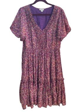 Sundance floral mulberry purple crepe viscose tiered midi dress size large